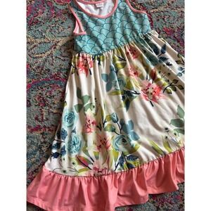 Penelope Plumm Dress Blue Pink Floral Mermaid Scale Ruffle Hem Summer Girl 5